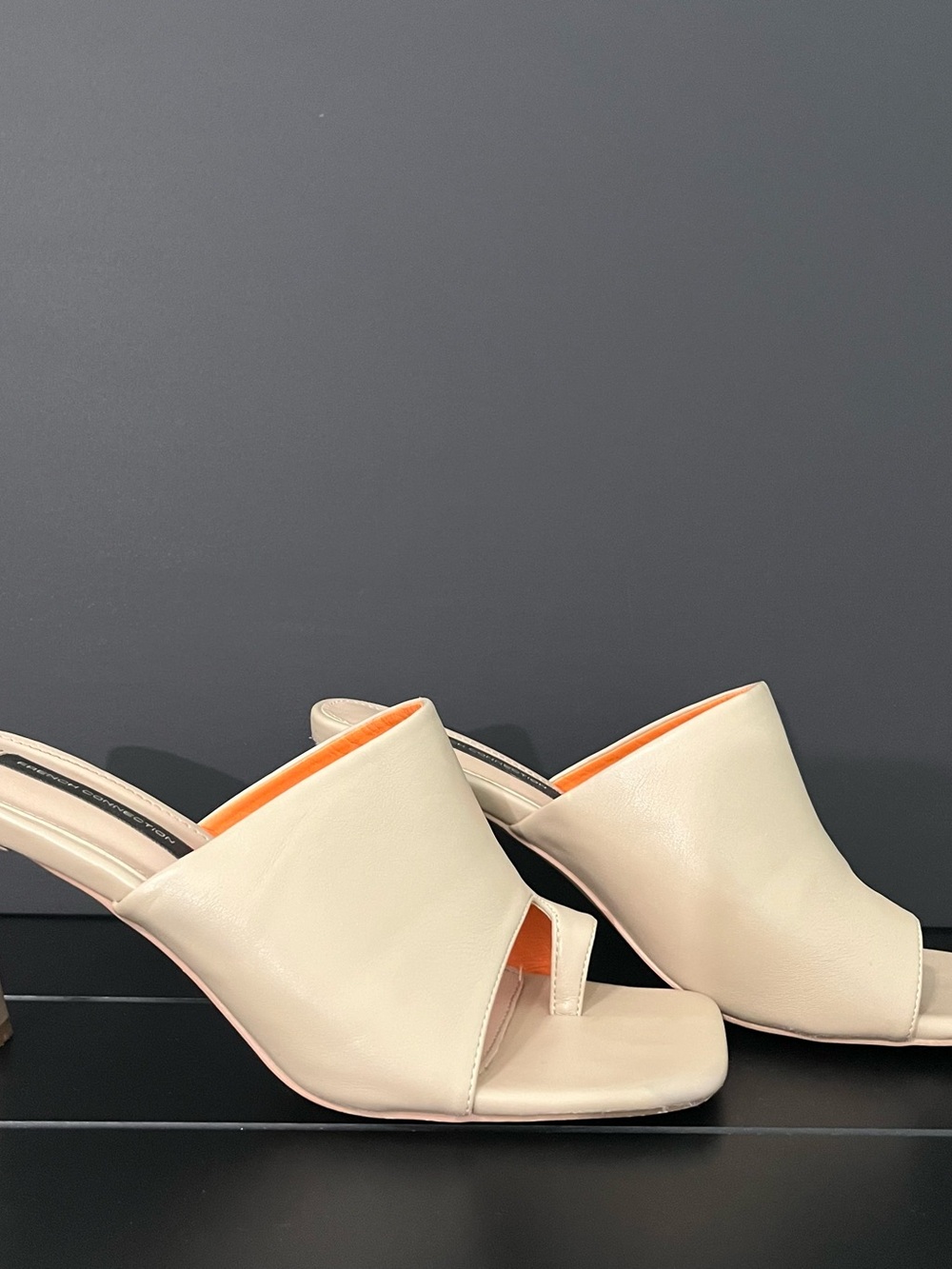 French Connection Cream Slide Toe-Ring Heels with Orange Lining Accent